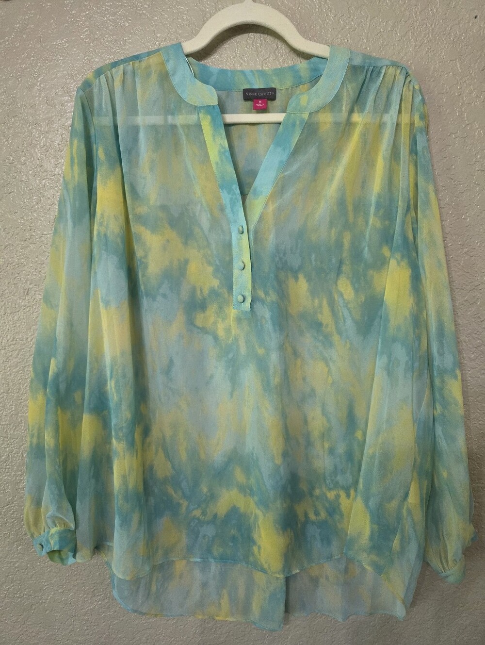 Vince Camuto Aqua and Yellow Tie-Dye V-Neck Sheer Top